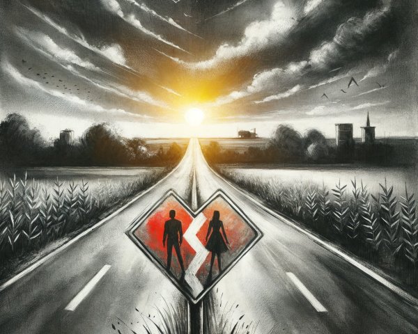 Twilight Scene of Split Road with Heart-Shaped Sign