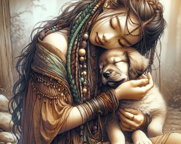 Young Woman with Puppy in Serene Natural Setting