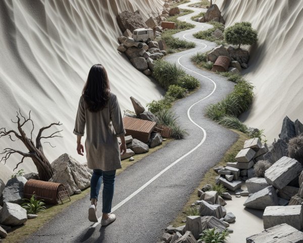 Solitary Figure on Winding Road in Surreal Landscape