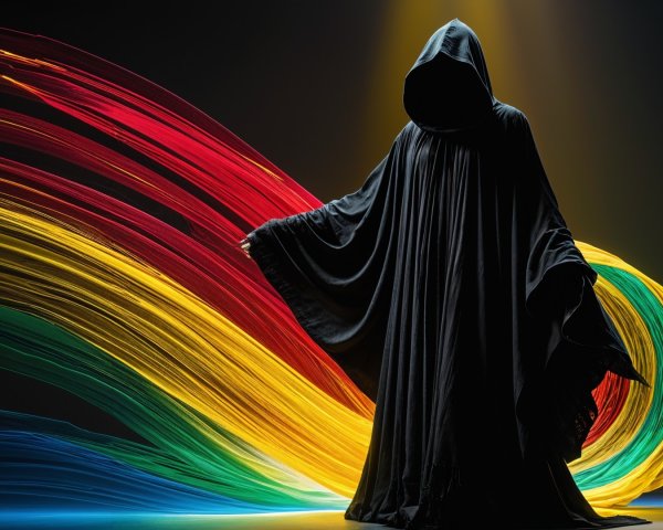 Mysterious cloaked figure with vibrant color contrasts