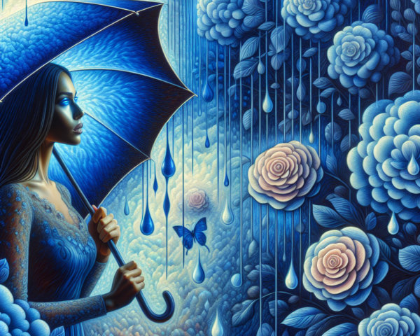 Woman with Blue Umbrella Surrounded by Blue Roses