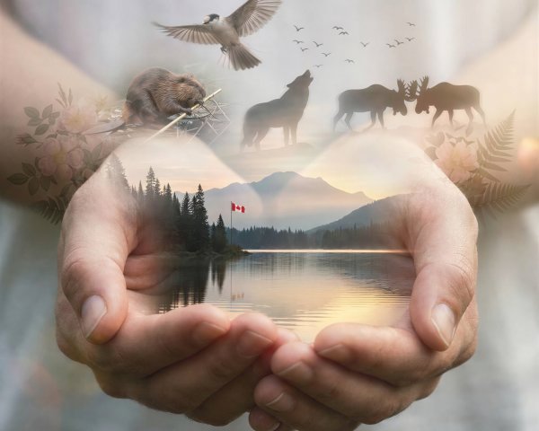 Cupped Hands Holding Surreal Landscape with Animals