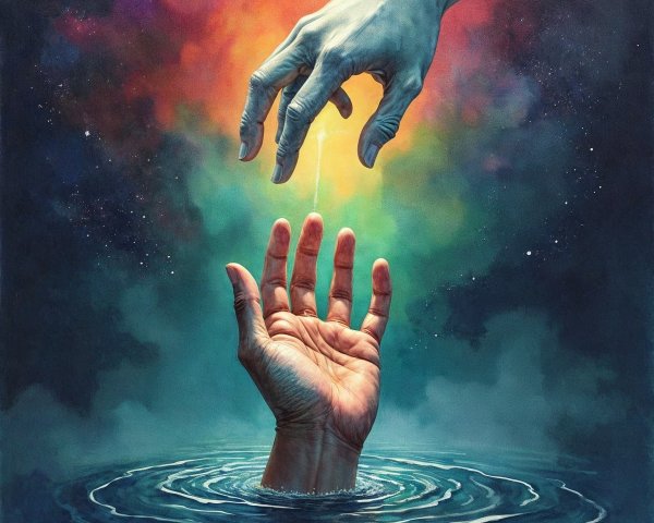 Hands Reaching Across Water in Mystical Colors