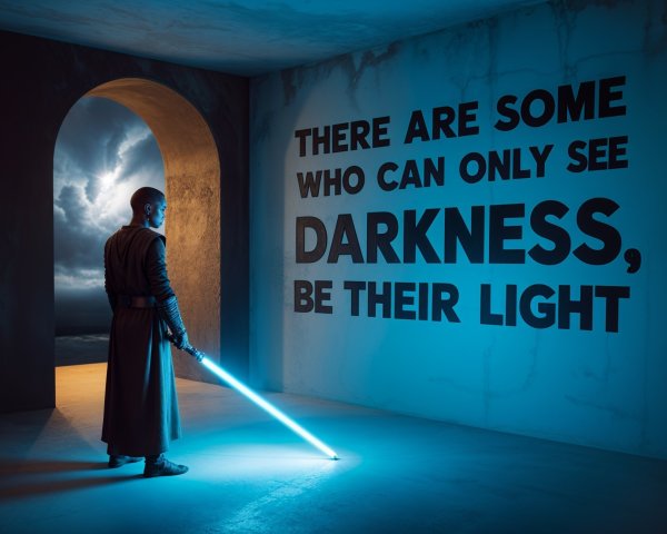 Hooded Figure with Blue Lightsaber in Abstract Setting