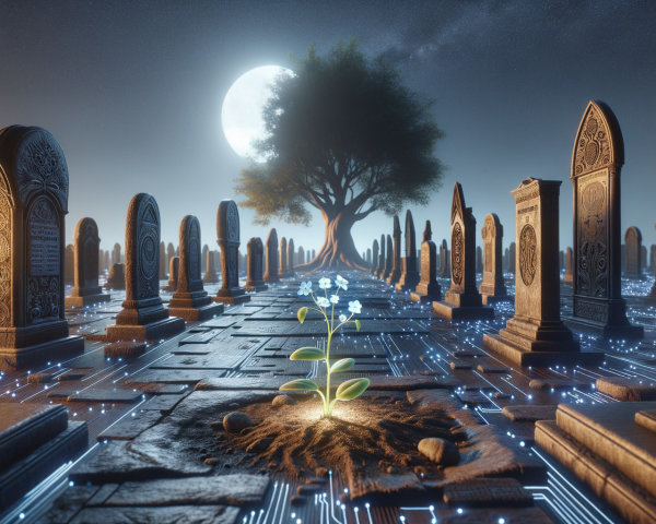 Graveyard Scene with Moon, Tree, and Green Flower
