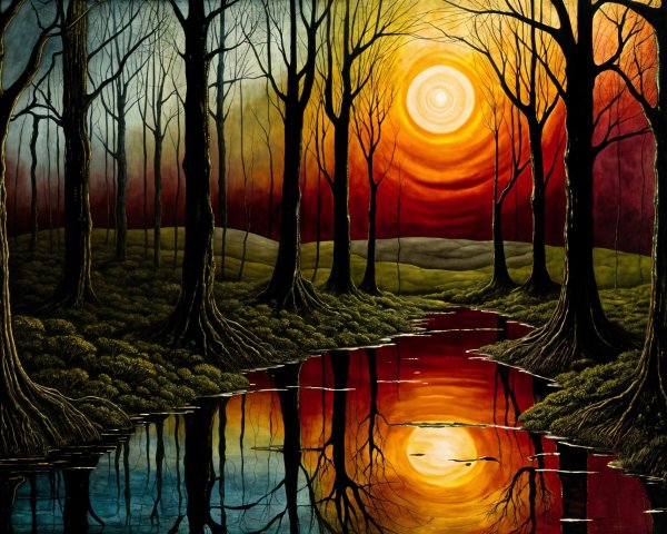 Tranquil Landscape with Sunset and Bare Trees