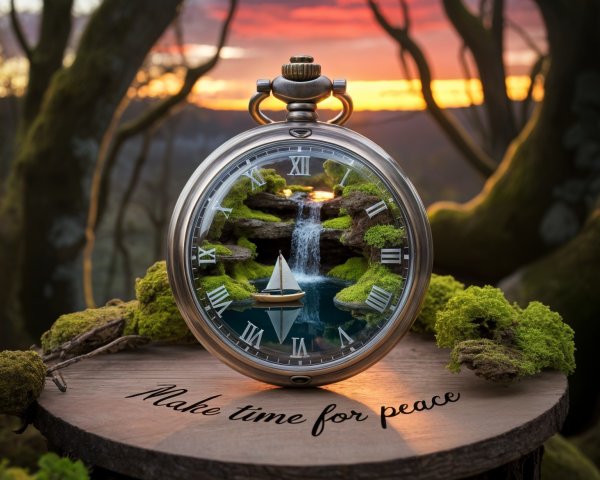 Pocket watch showcasing serene lake and sunset scene