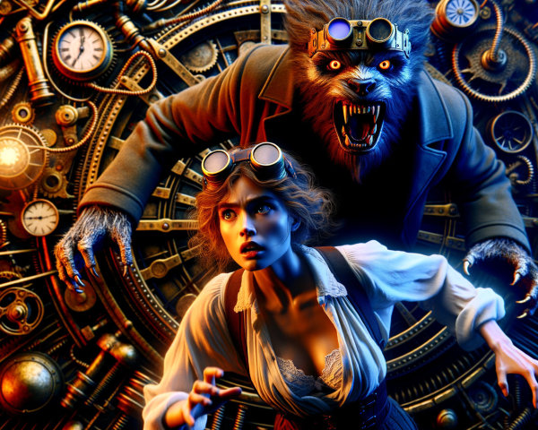 Steampunk Scene with Woman and Looming Werewolf