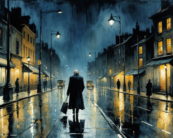 Solitary Figure in a Rain-Soaked Urban Street Scene