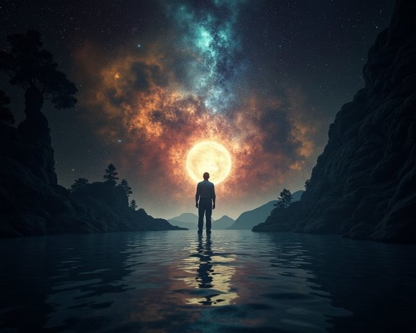 Silhouetted Figure by Tranquil Water and Cosmic Nebula