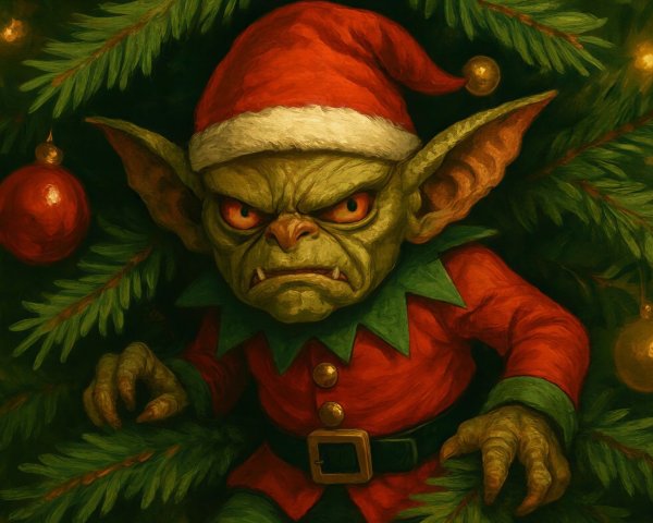 Menacing Goblin Creature in Christmas Tree Scene