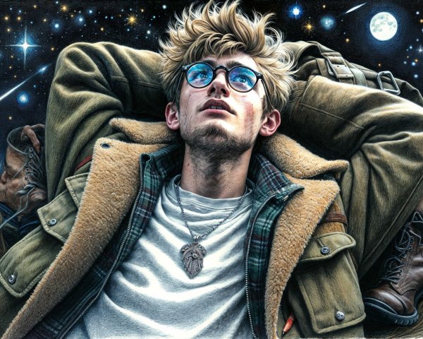 Young man in grassy field under starry night sky