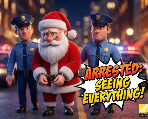 Cartoon Santa Claus Arrested by Police Officers