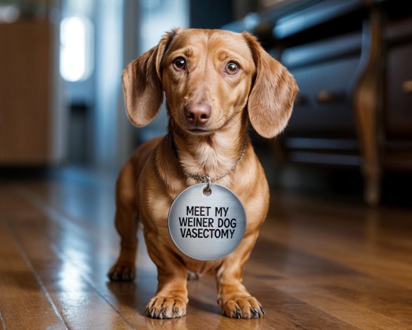 Dachshund with Humorous Tag on Wooden Floor