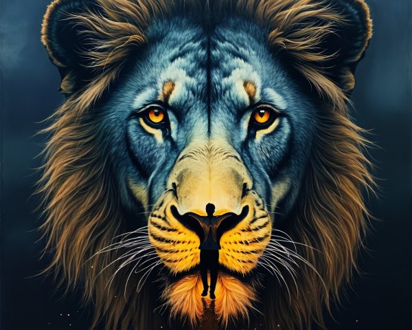 Lion Face Artwork with Silhouette and Vivid Colors