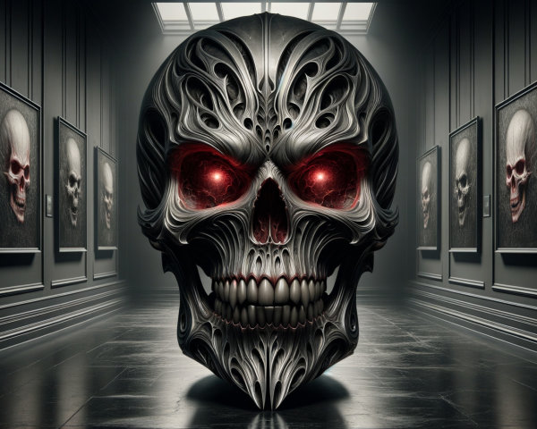 Intricately Designed Skull in Dimly Lit Gallery