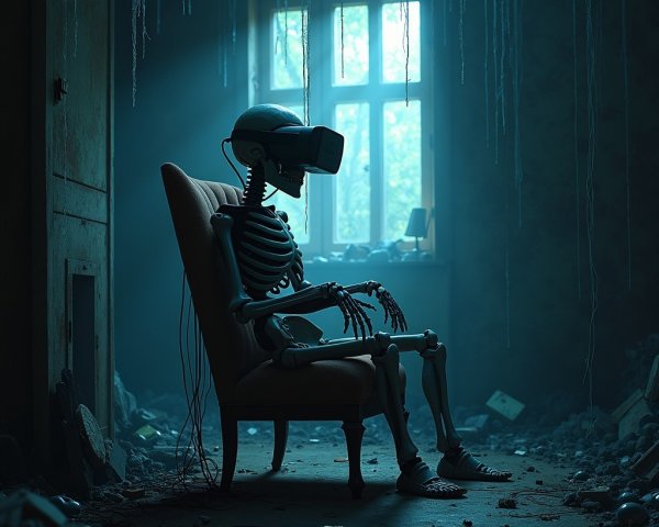 Skeleton in VR Headset in Chaotic Room Setting