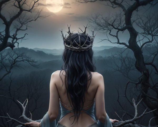 Mysterious figure in sheer gown under moonlit sky