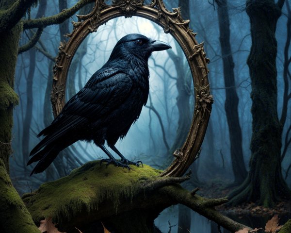 Majestic raven and antique mirror in foggy forest