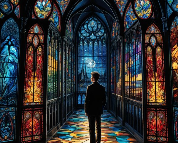 Lone Figure in Dimly Lit Stained Glass Corridor