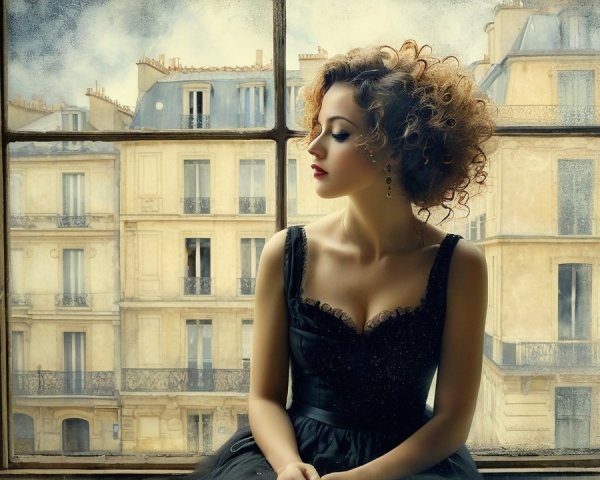 Woman in Black Dress by Parisian Window