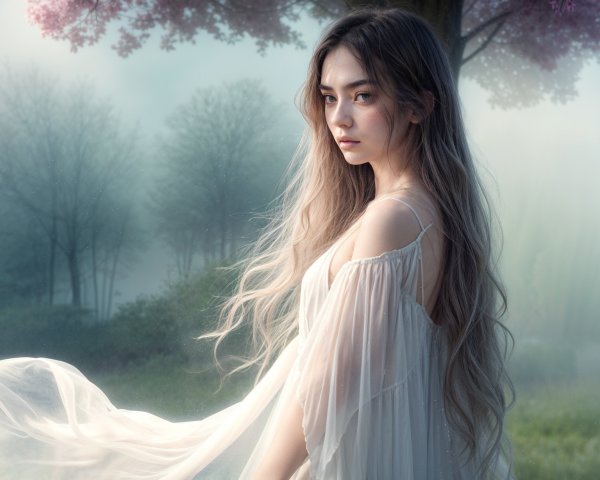 Young woman in a misty landscape with blossoms