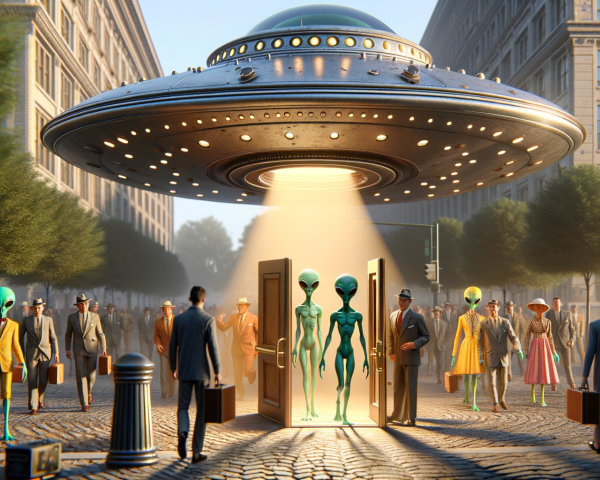 UFO Landing in City Square with Green Aliens Present
