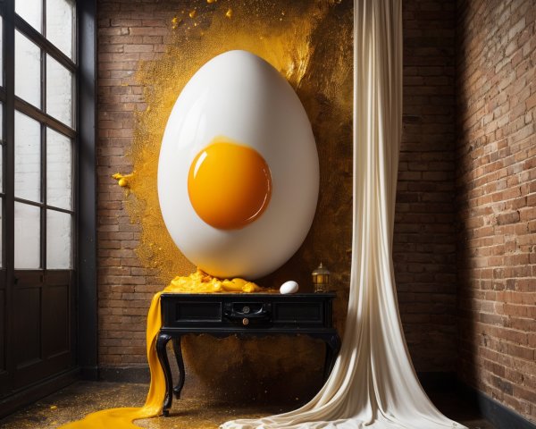 Surreal Egg with Vibrant Yolk Against Brick Wall