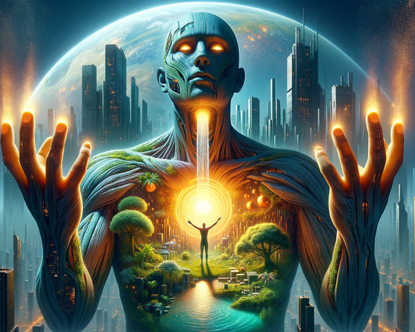 Colossal Figure of Humanity with Intertwined Trees