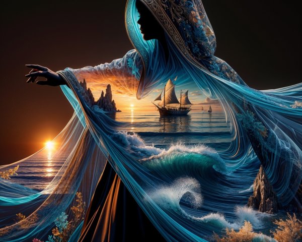 Mysterious Figure in Hooded Robe Against Sunset Background