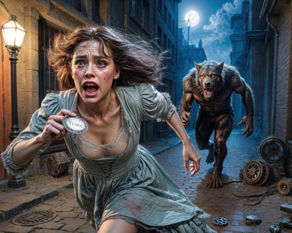 Gothic Scene of Woman Fleeing from Werewolf