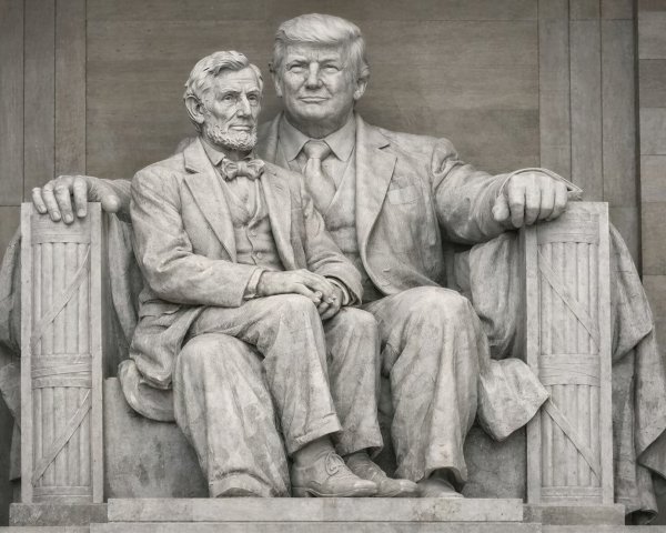 Grayscale Sculptures of Lincoln and Trump in 3/4 View