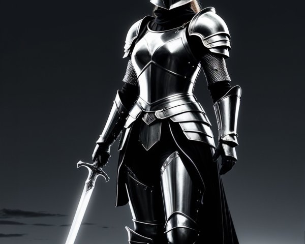 Knight in Shining Armor Against Dark Landscape