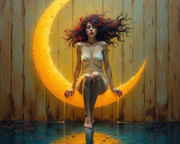 Woman on Crescent Moon with Rustic Wooden Background