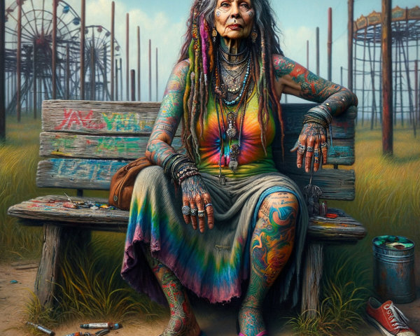 Tattooed Woman in Abandoned Amusement Park Setting