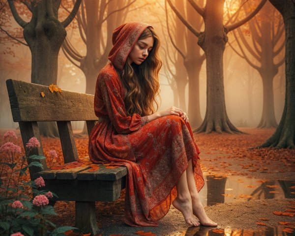 Young woman in red dress in autumn forest setting