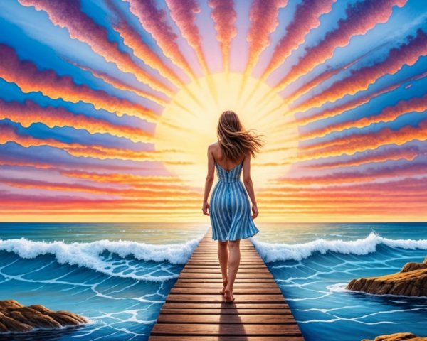 Woman on Pier at Sunset with Vibrant Sky Colors