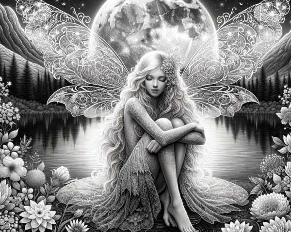 Black-and-white illustration of a fairy by a lake