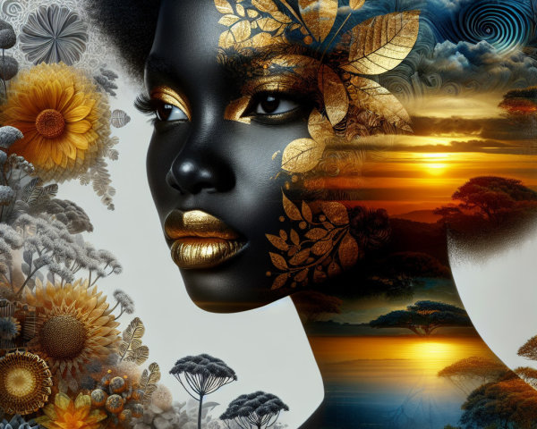 Portrait of a woman with floral designs and sunflowers