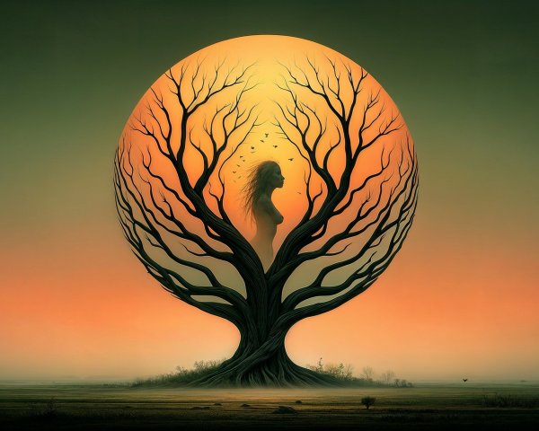 Surreal Landscape with Tree and Ghostly Figure