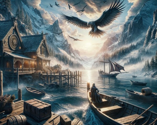 Tranquil Fjord with Cabin and Snow-Capped Mountains