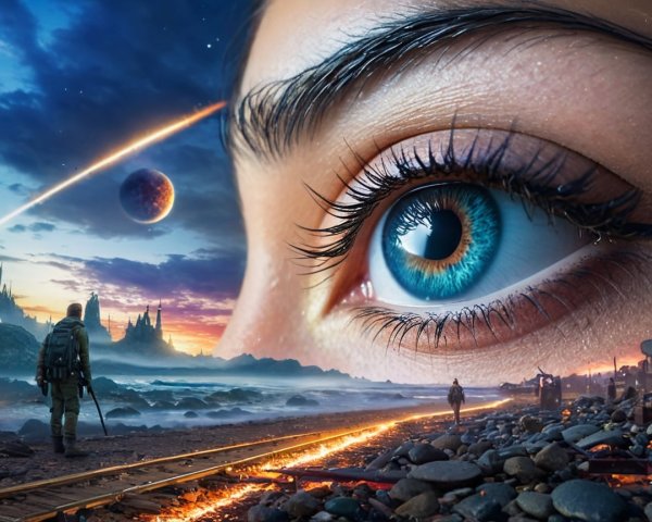 Close-Up of Eye Reflecting Cosmic Scene and Silhouettes