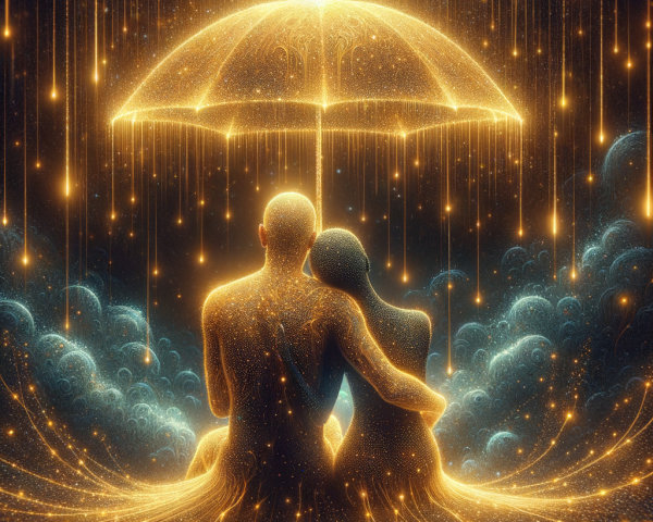 Ethereal scene of two figures under a radiant umbrella