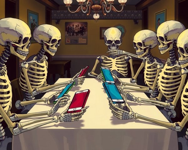 Skeletons in a dimly lit room using smartphones