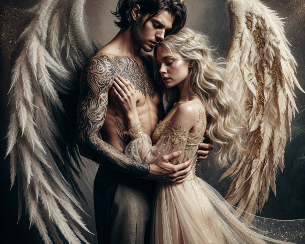 Winged Couple in Mystical Light and Dark Setting