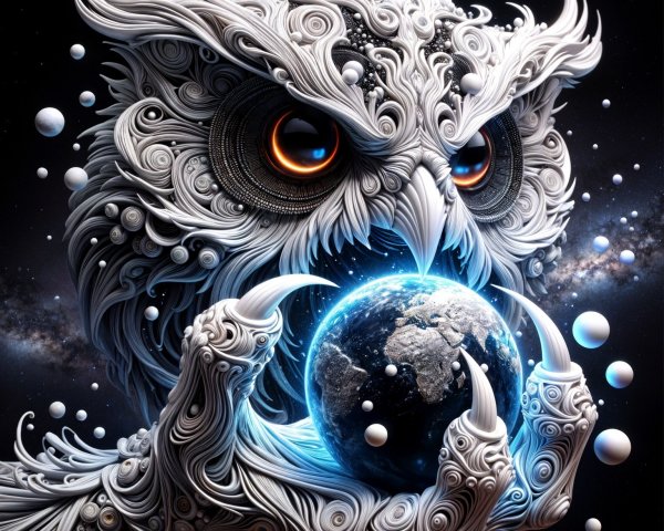 Intricate Owl Design Gripping Glowing Earth in Space
