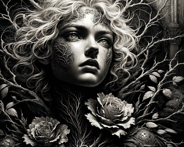 Monochromatic Portrait of Woman with Nature Patterns