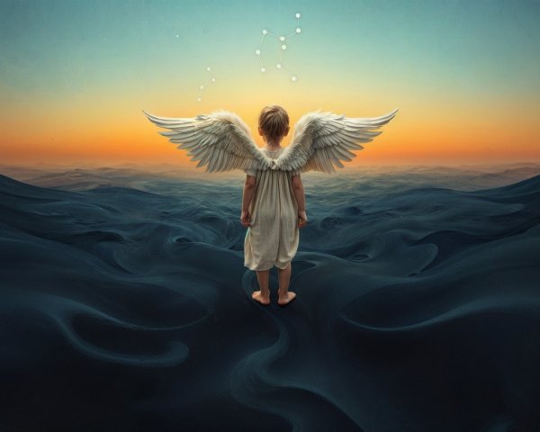 Child with white wings on dark terrain at sunset