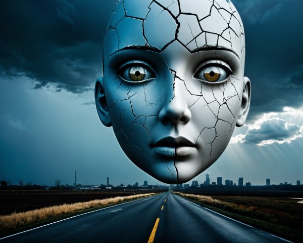 Humanoid Face Over Desolate Road and City Skyline