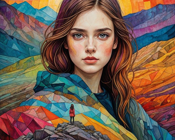 Young Woman in Abstract Landscape with Vibrant Colors